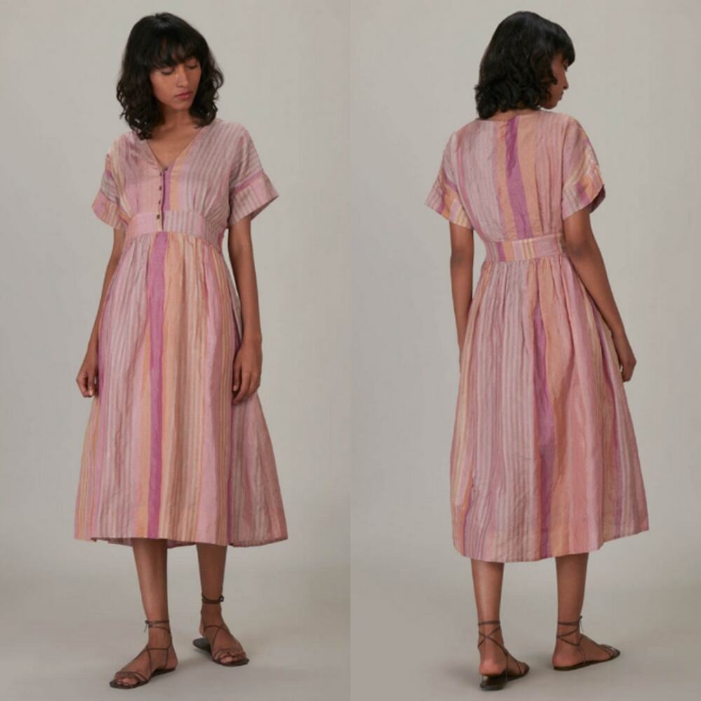 Anavila Peach Silk Zari Green Metallic Stripes‎ Shimmer Tunic Medium Boho